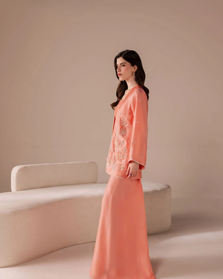 sharara dress full length side profile peach silk jacket silhouette Multan atelier Hammad Bespoke Official