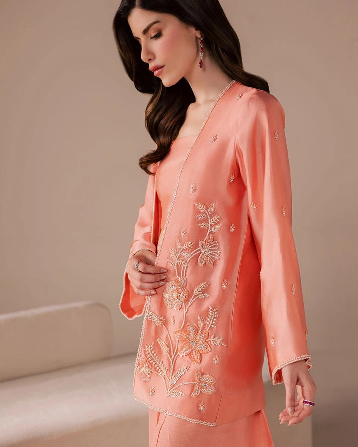 sharara dress side view inner crop top pearl neckline trim peach sheesha silk Hammad Bespoke Official