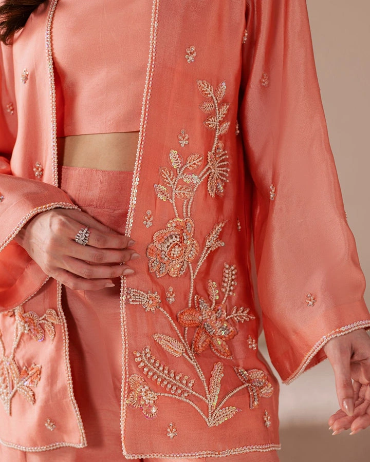 sharara dress floral resham embroidery close-up seed pearl sequin peach silk Hammad Bespoke Official