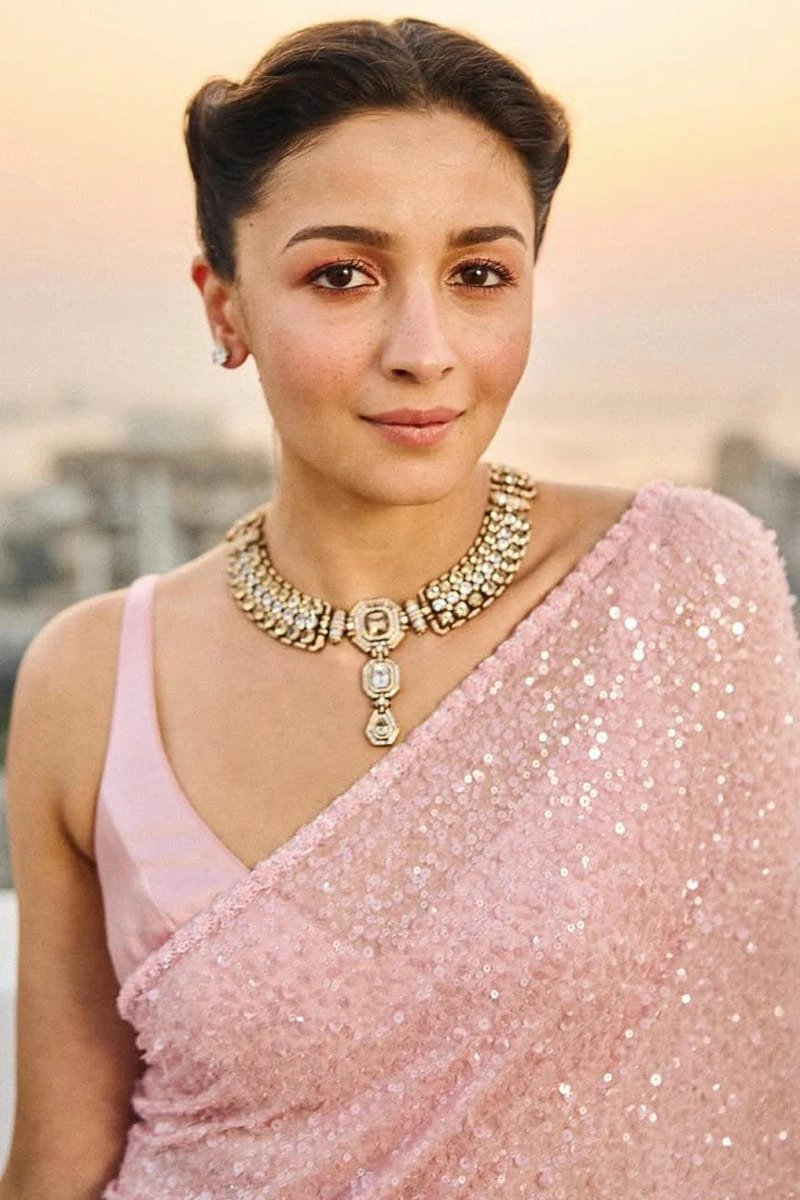 blush pink saree sequin georgette full length formal occasion walima Hammad Bespoke Official blush pink saree allover sequin georgette open-back satin blouse close-up Hammad Bespoke Official