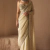 golden saree ivory tissue six yards sequin scatter bridal drape Hammad Bespoke Official