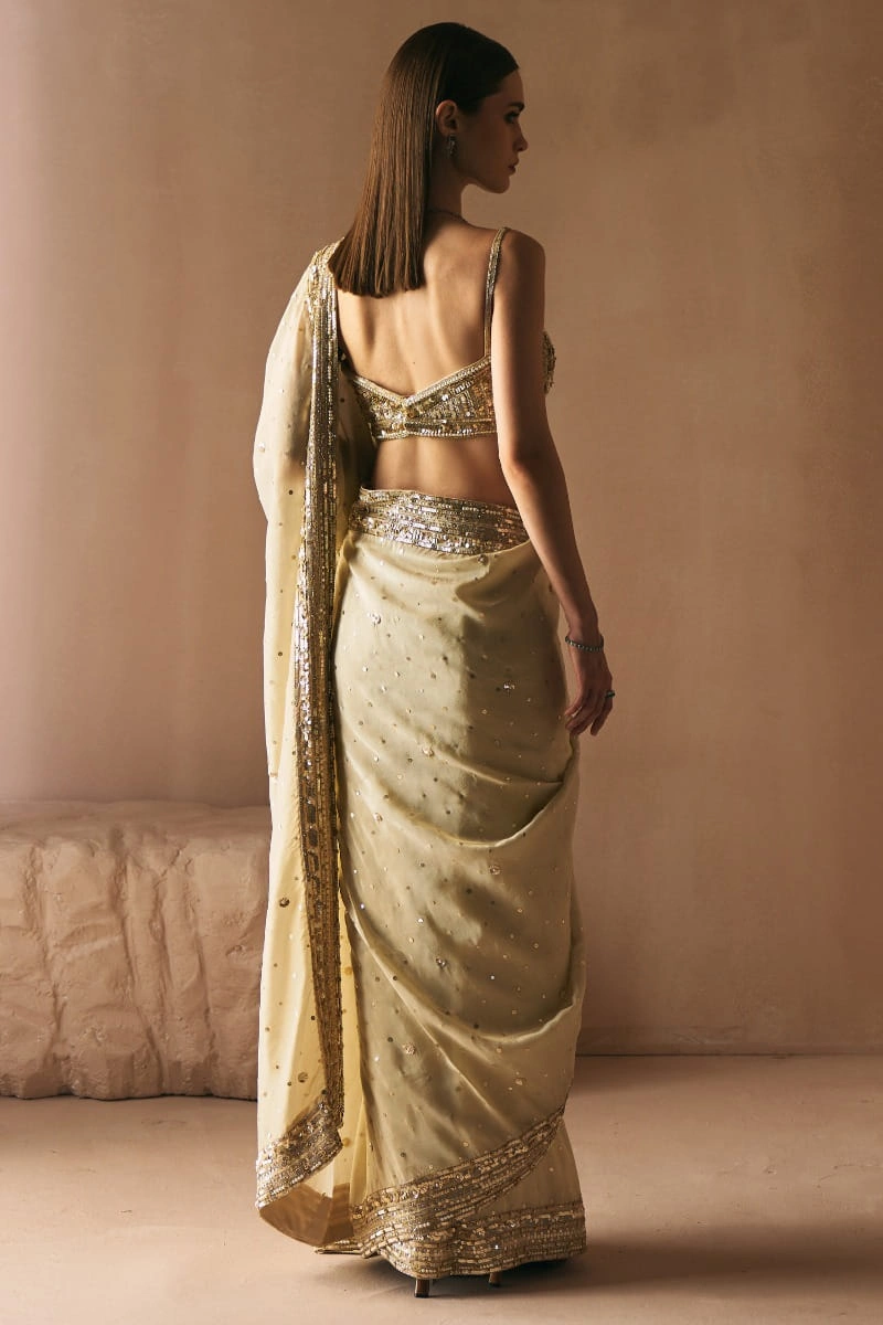 golden saree corset blouse open back tissue bridal Hammad Bespoke Official Multan