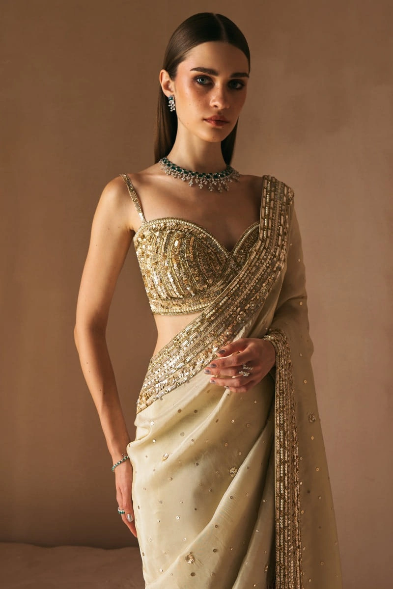 golden saree border cutdana hand embellishment sequin tissue Multan atelier bridal