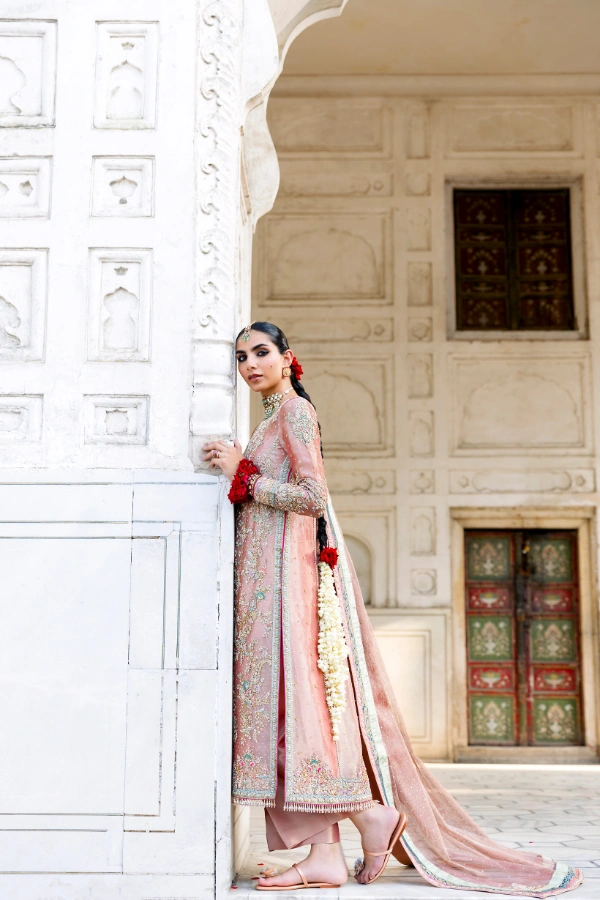 blush tissue silk formal suit jamawar dupatta border bespoke Pakistani formal wear Hammad Bespoke Official