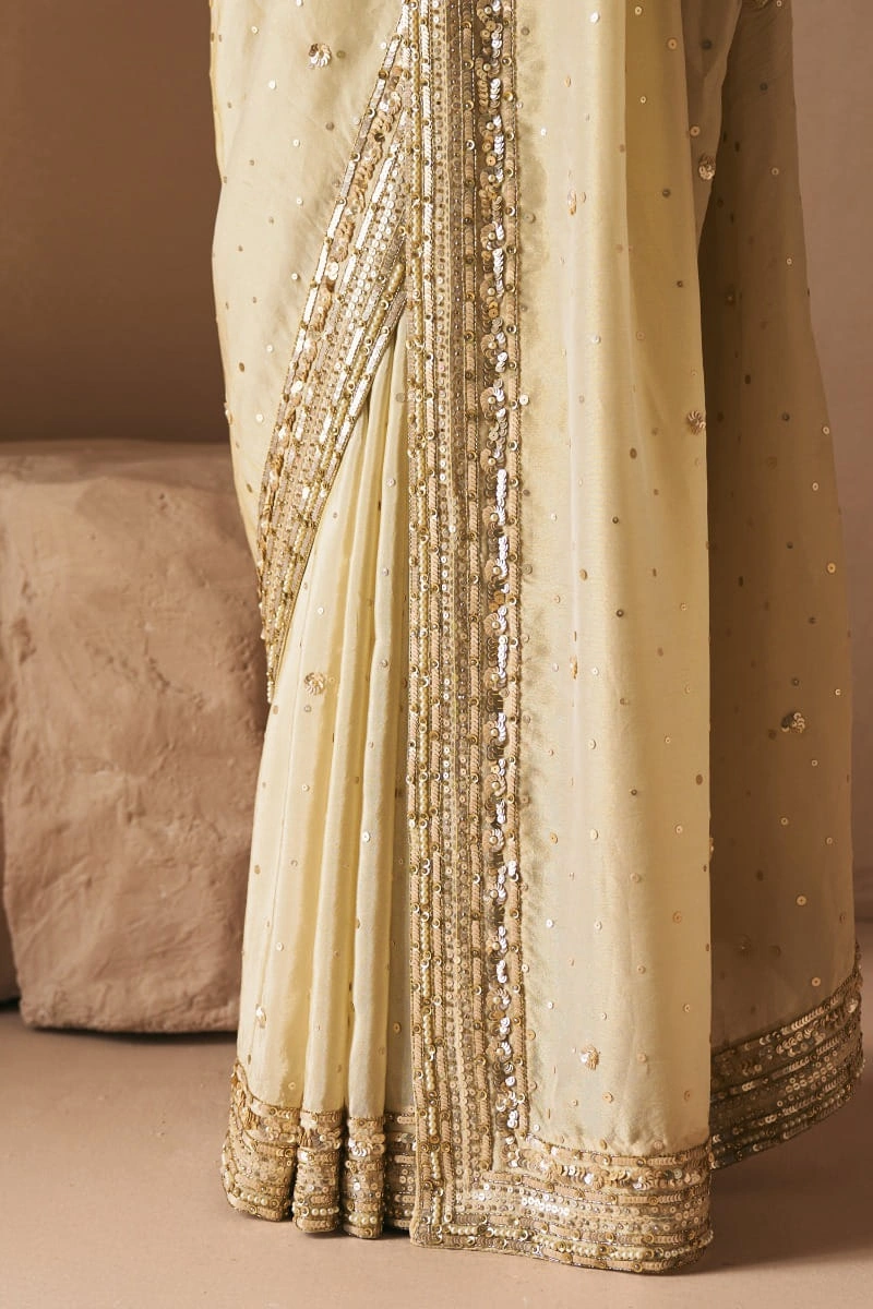 golden saree ivory tissue cutdana sequin bridal set sweetheart blouse Hammad Bespoke Official