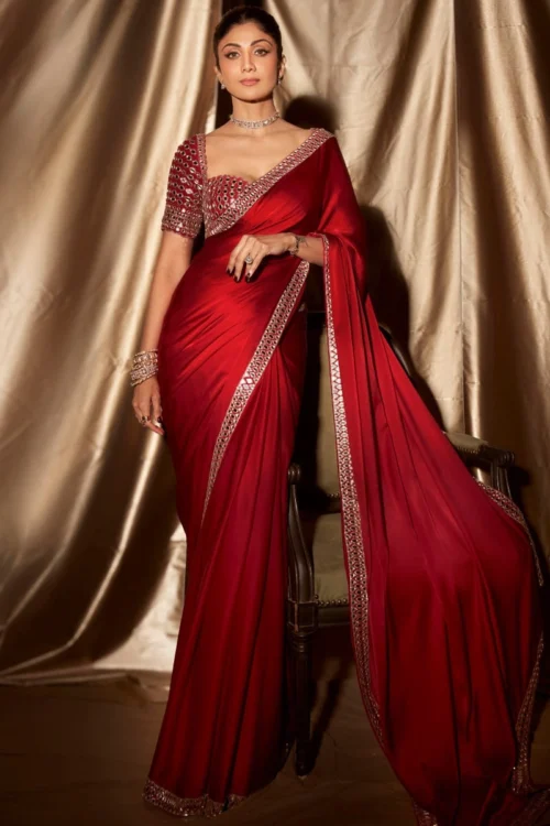 satin saree ruby formal seated mirror blouse full length Hammad Bespoke Official