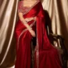 satin saree ruby seated formal occasion mirror blouse full look Hammad Bespoke Official.webp Layla Mirat