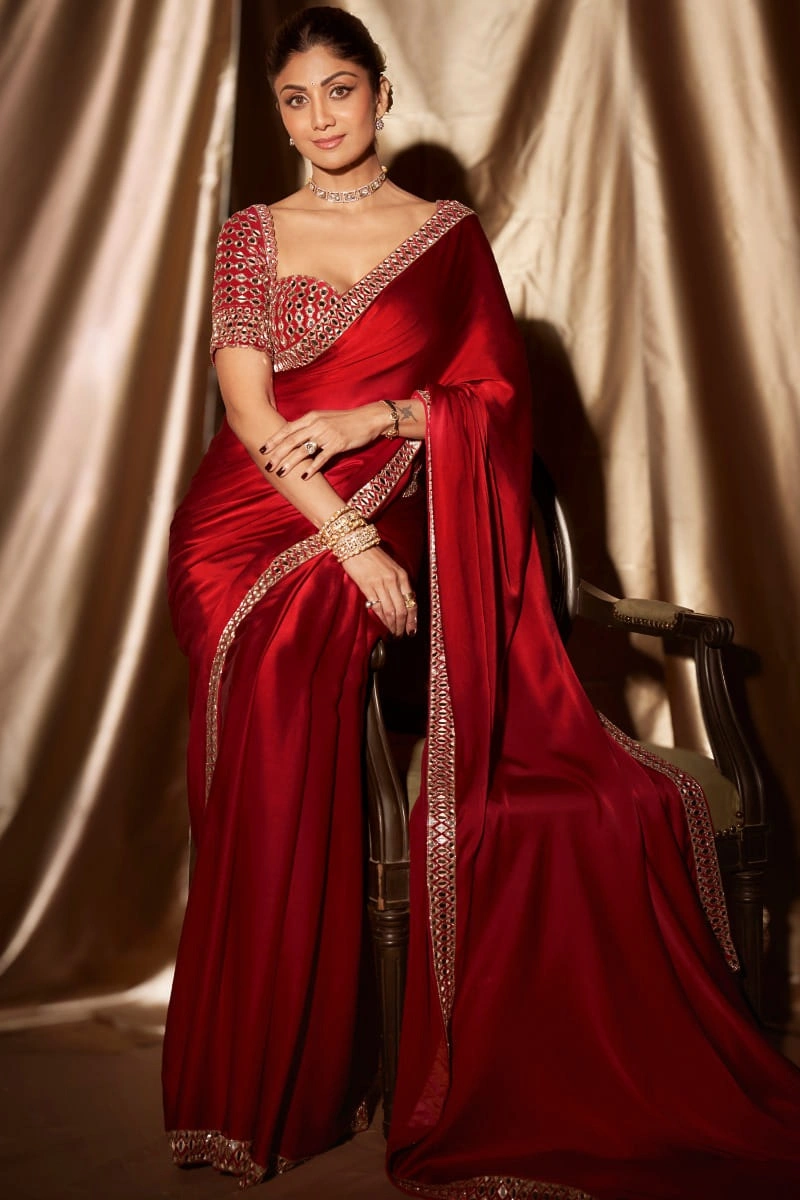 satin saree ruby seated formal occasion mirror blouse full look Hammad Bespoke Official.webp Layla Mirat