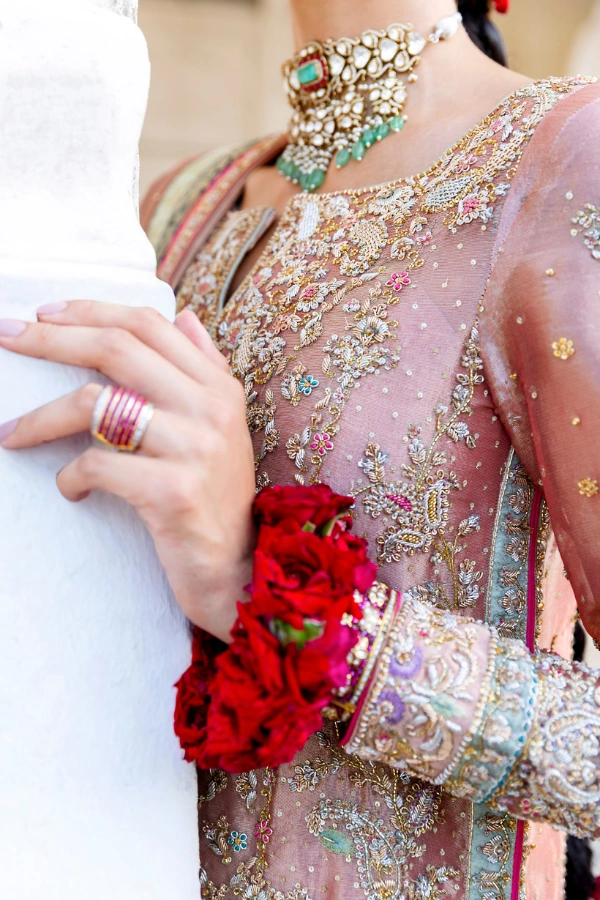 zardozi resham embroidery detail blush tissue silk suit Multan atelier Master Artisan needlework