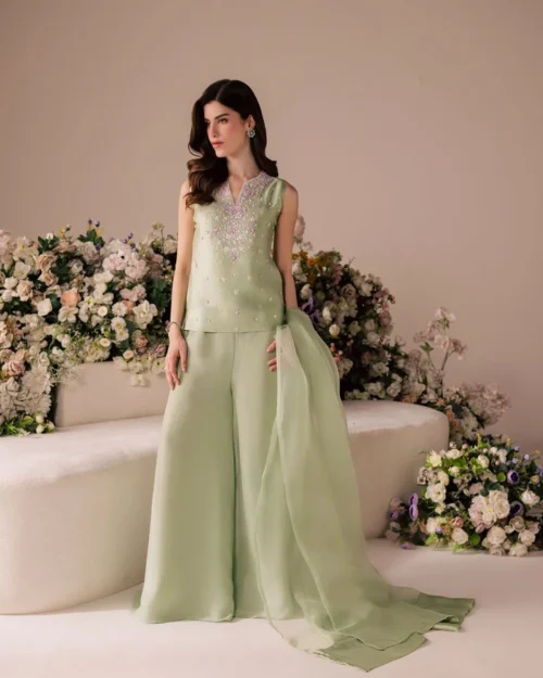party wear palazzo suit pistachio silk kurta palazzo organza dupatta potli bag wedding guest Hammad Bespoke Official