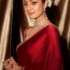 satin saree deep red mirror blouse portrait close neckline Hammad Bespoke Official.webp Layla Mirat