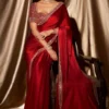 satin saree ruby red mirror work bridal occasion styled Hammad Bespoke Official.webp Layla Mirat