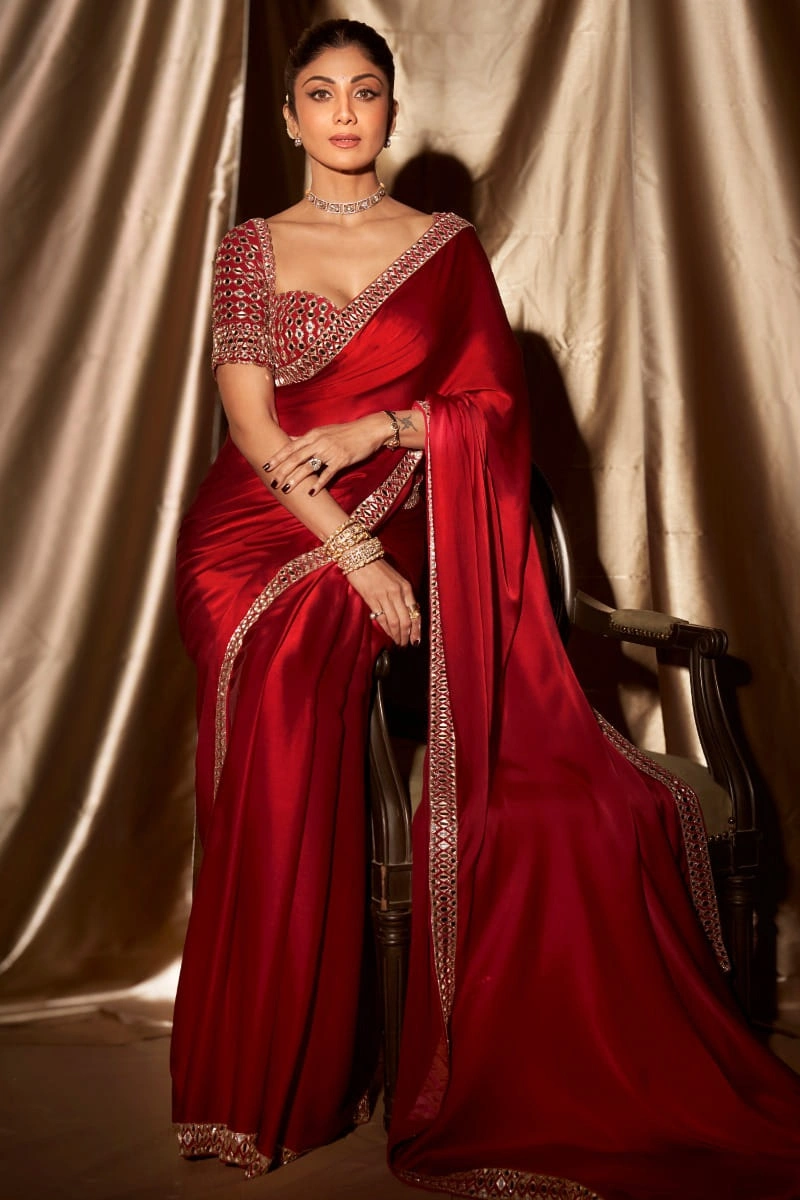 satin saree ruby red mirror work bridal occasion styled Hammad Bespoke Official.webp Layla Mirat