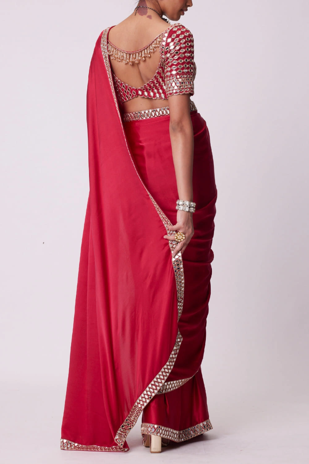 satin saree open back mirror blouse pearl crystal tassel drops Hammad Bespoke Official.webp Layla Mirat