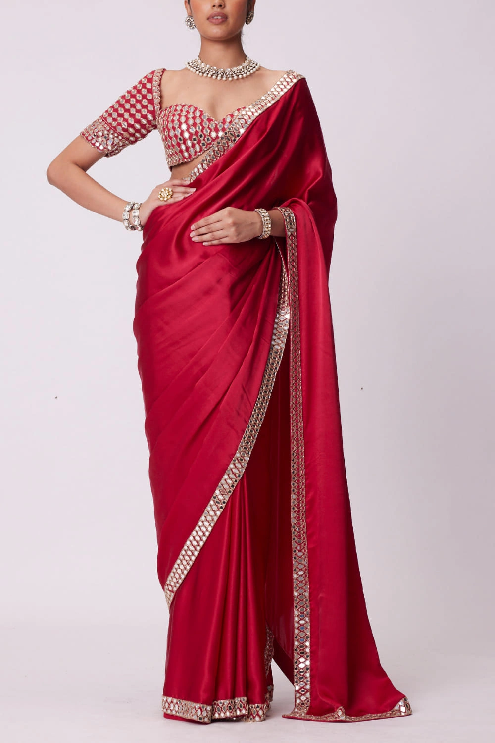 satin saree full drape deep ruby red sheesha mirror border Hammad Bespoke Official.webp Layla Mirat