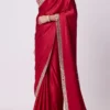 satin saree side profile deep ruby red mirror border drape Hammad Bespoke Official.webp Layla Mirat