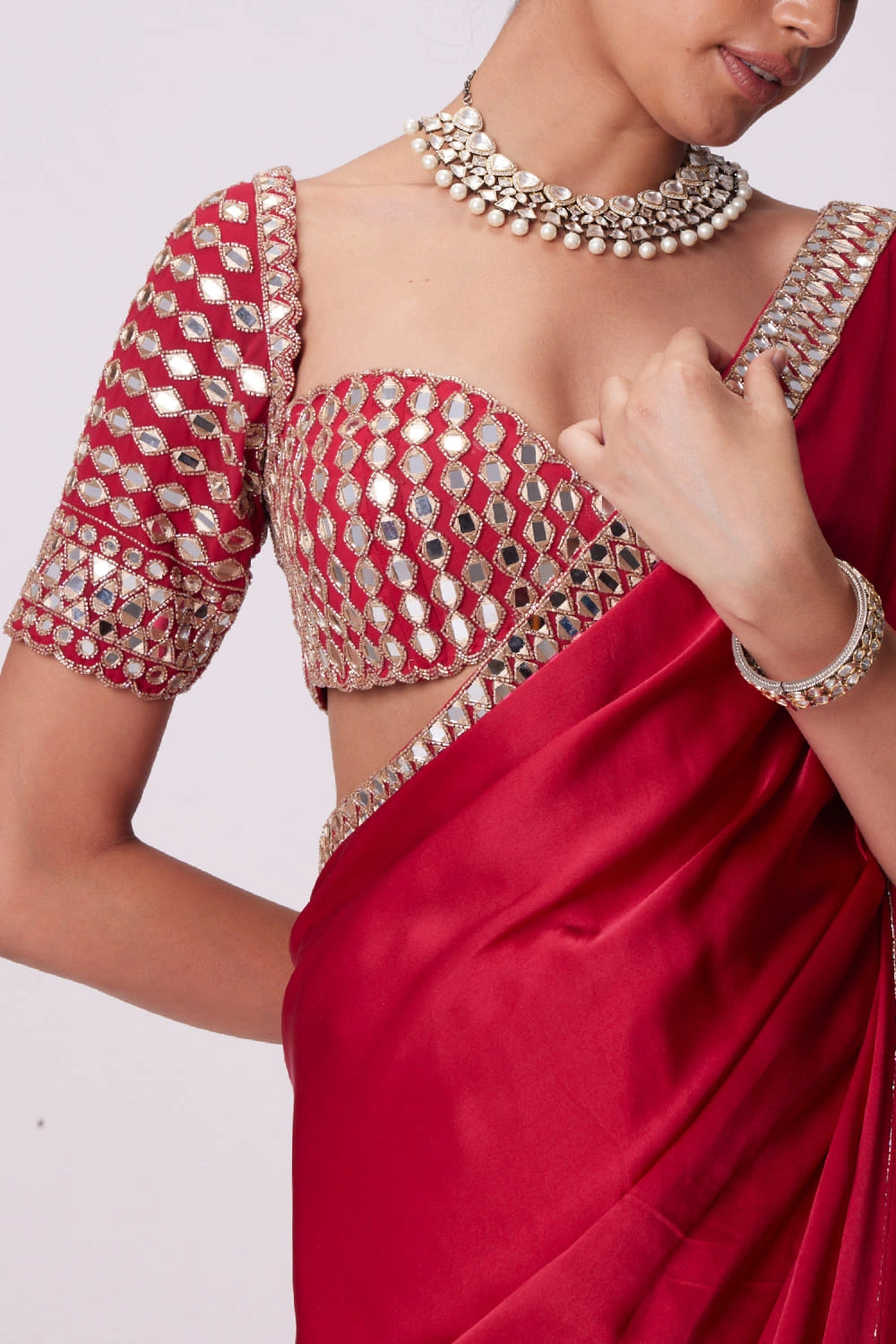 satin saree deep ruby red mirror work blouse sweetheart neckline Hammad Bespoke Official.webp Layla Mirat