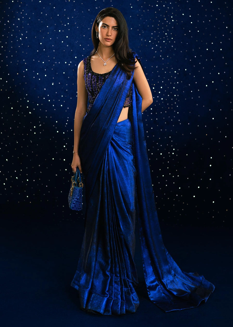 velvet saree electric blue cosmic two-tone silk crystal blouse Hammad Bespoke Official (86c)