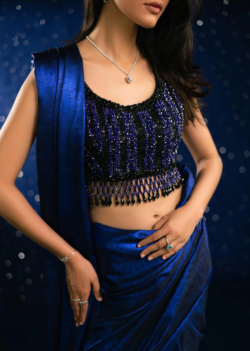 criss-cross beaded fringe blouse detail velvet saree Hammad Bespoke Official (76c)