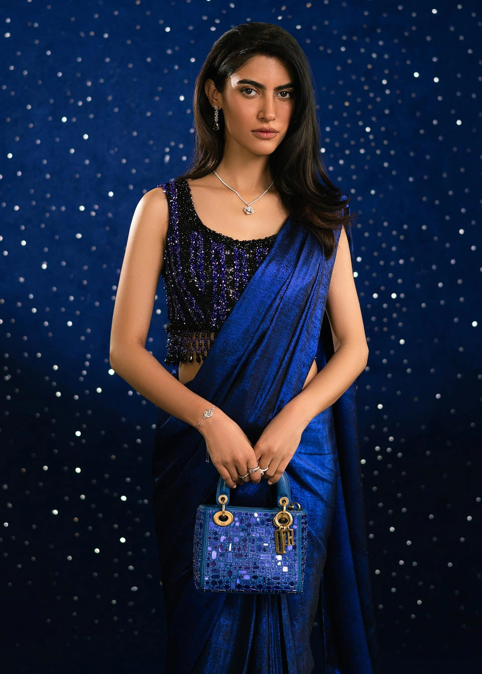 deep blue velvet saree draped silhouette party wear Hammad Bespoke Official (75c)
