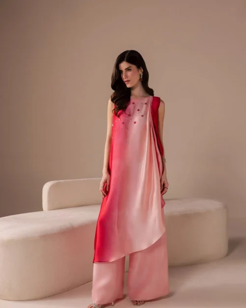 ombre kurta front full view blush red silk wide-leg palazzo wedding guest outfit Hammad Bespoke Official