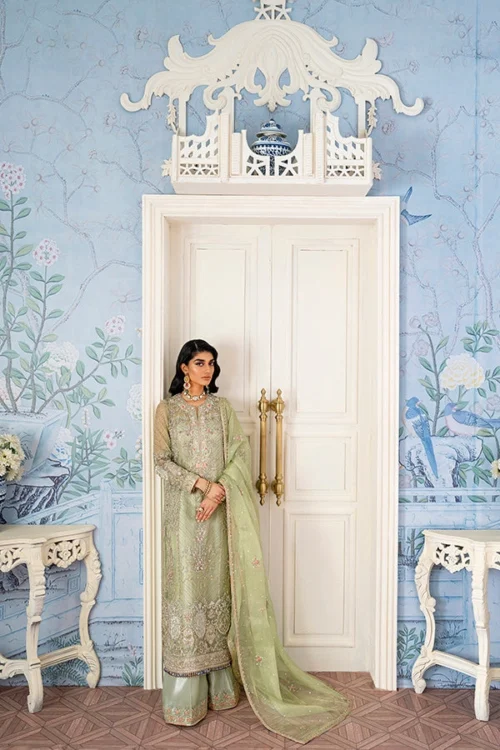 embroidered net suit sage green hand-embroidered gala neckline Hammad Bespoke Official