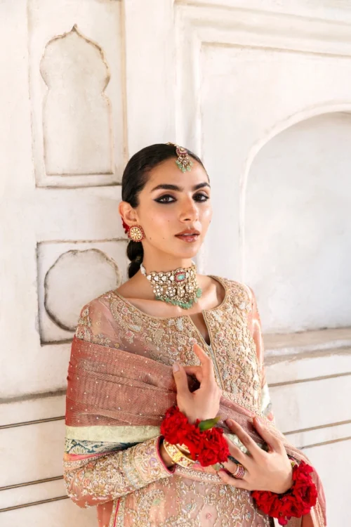 blush tissue silk suit neckline Zardozi embroidery detail Multan atelier bespoke formal wear
