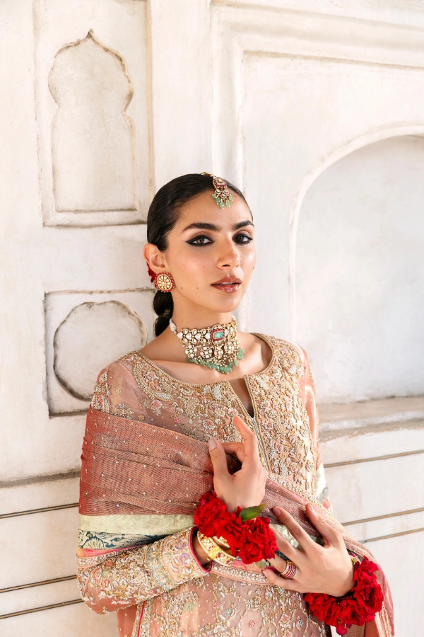 blush tissue silk suit neckline Zardozi embroidery detail Multan atelier bespoke formal wear