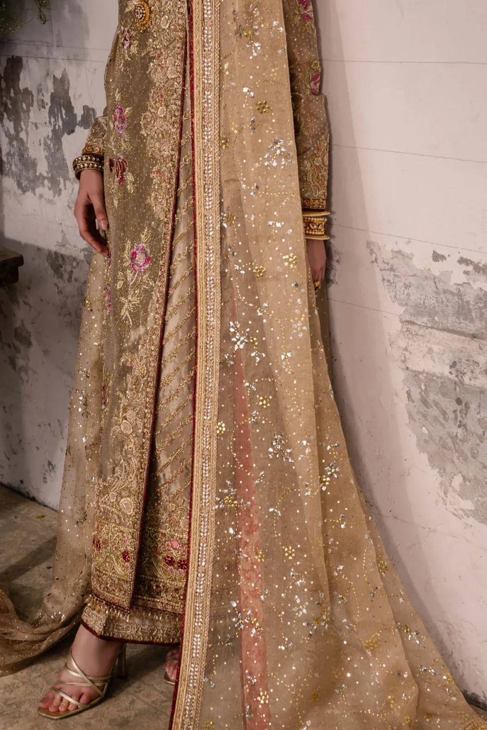 Embroidered cuff detail with gold resham on angrakha suit sleeve - Hammad Bespoke Official