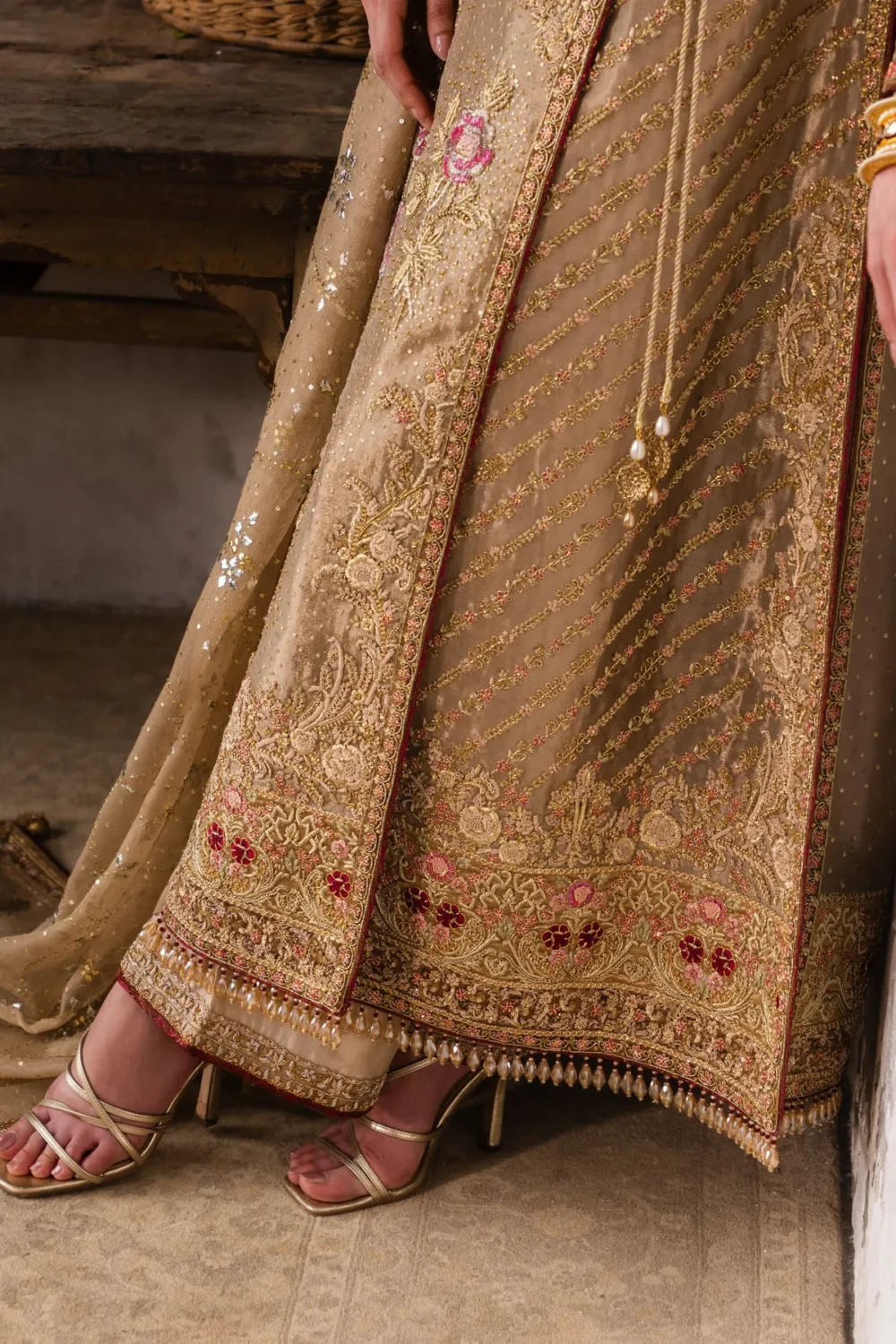 Hand-embroidered floral hem border and tassel trim on angrakha suit dupatta - Hammad Bespoke Official