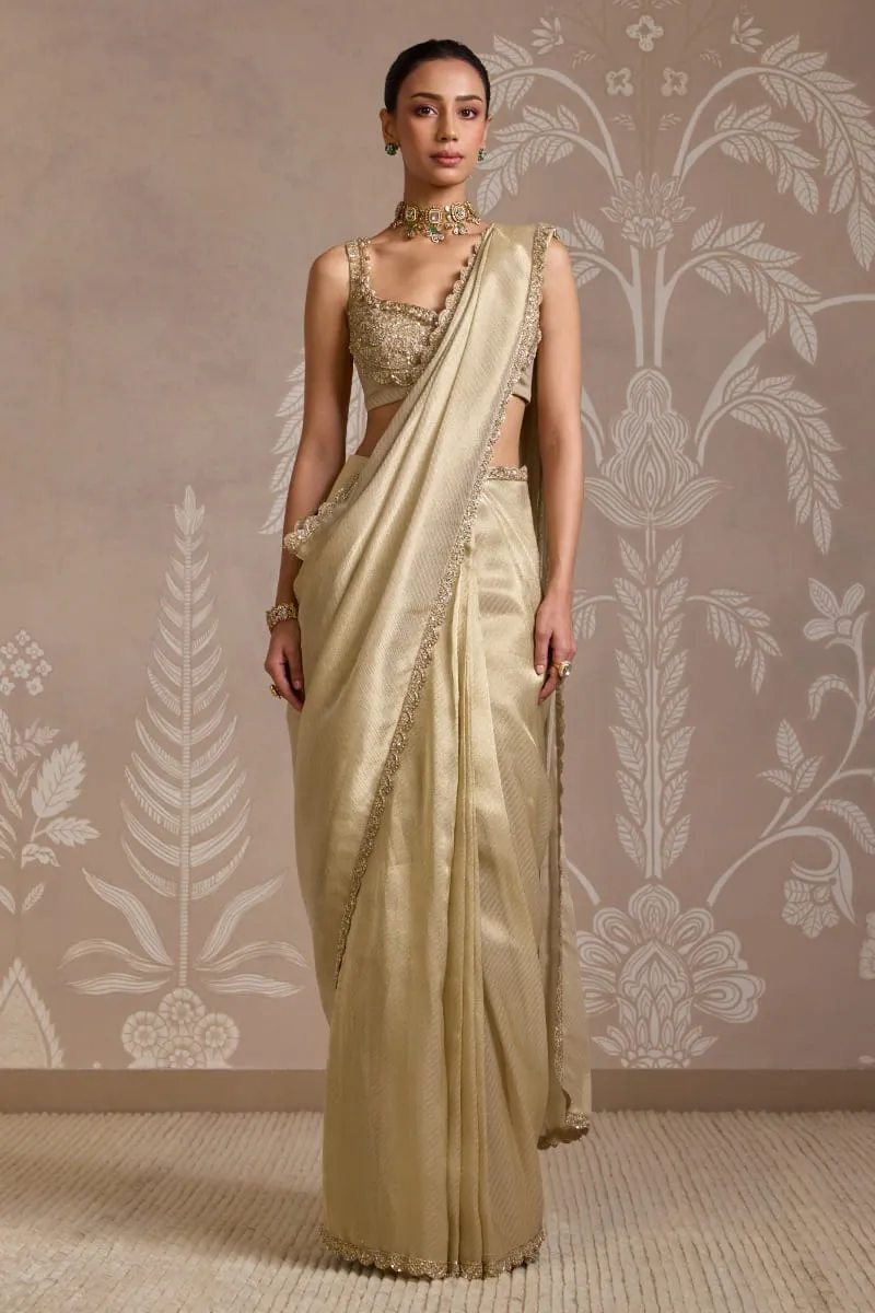 champagne gold tissue saree pallu drape pre stitched saree Hammad Bespoke Official atelier (90c)
