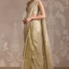 gold striped tissue drape side profile pre stitched saree crystal border Hammad Bespoke Official (96c)