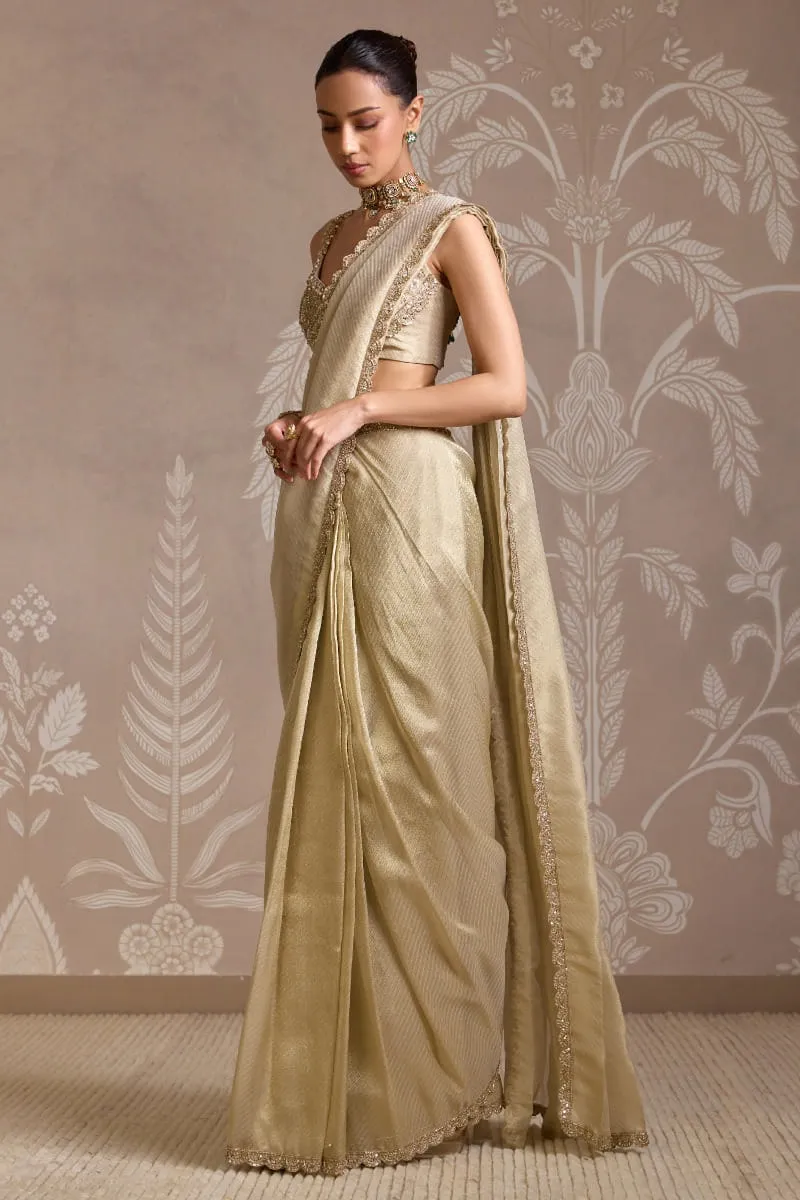 gold striped tissue drape side profile pre stitched saree crystal border Hammad Bespoke Official (96c)