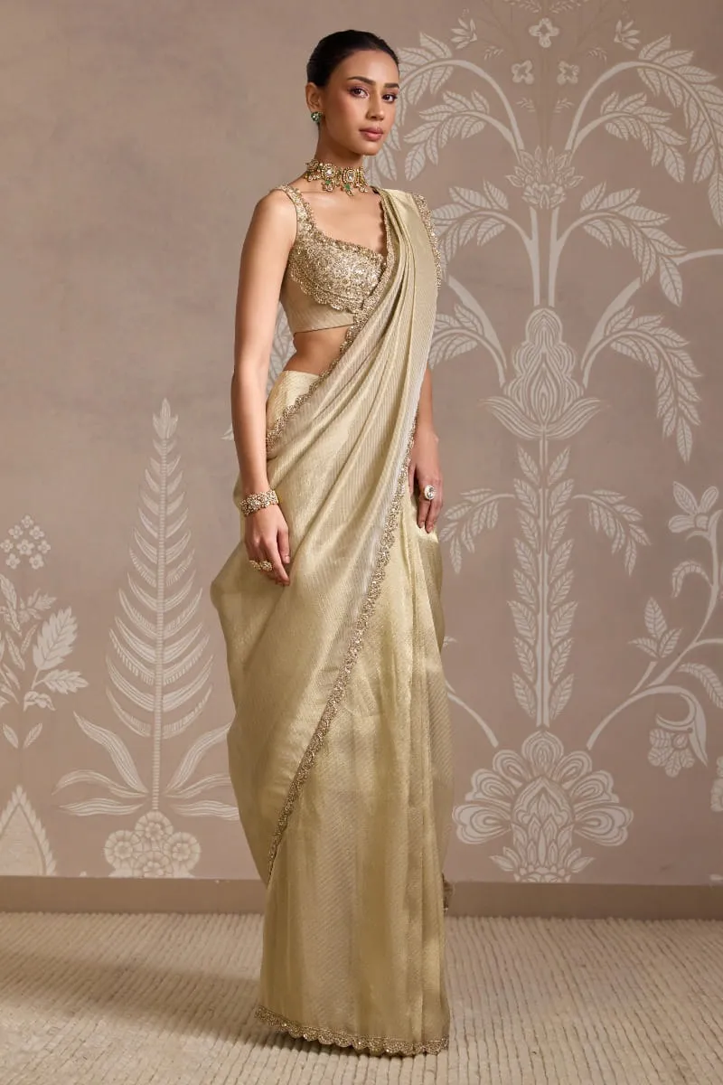 open back blouse gold tissue saree scalloped border pre stitched saree Hammad Bespoke Official (94c)