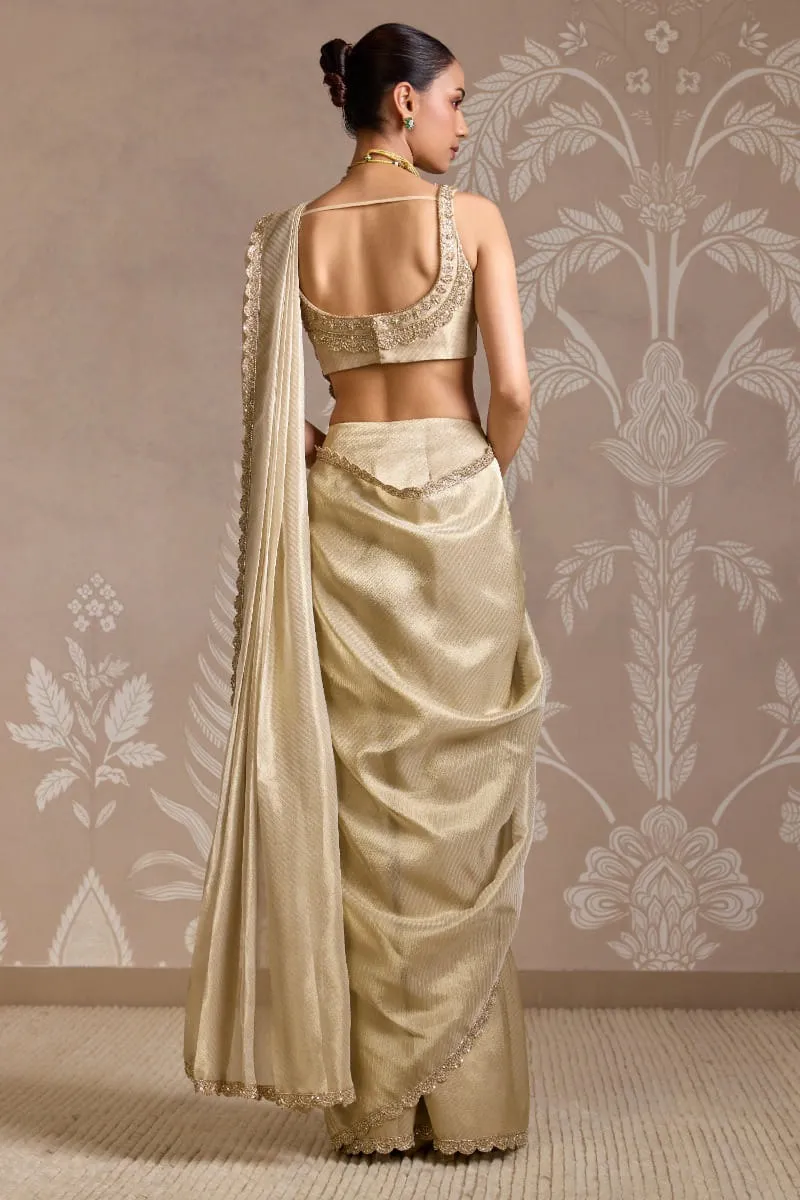 gold tissue blouse crystal embroidery scalloped neckline pre stitched saree Hammad Bespoke Official (99c)