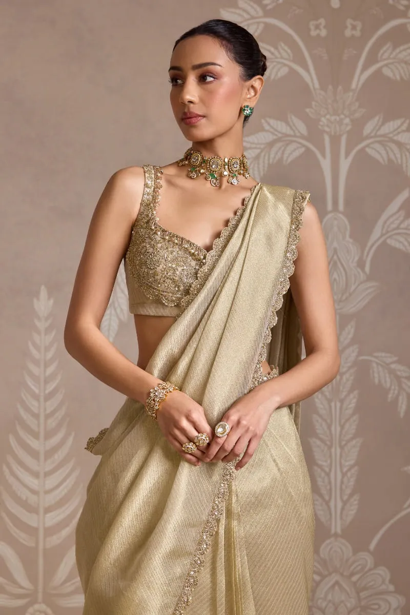 pre stitched saree gold tissue striped Multan atelier hand-set crystal embroidered blouse Hammad Bespoke Official (113c)