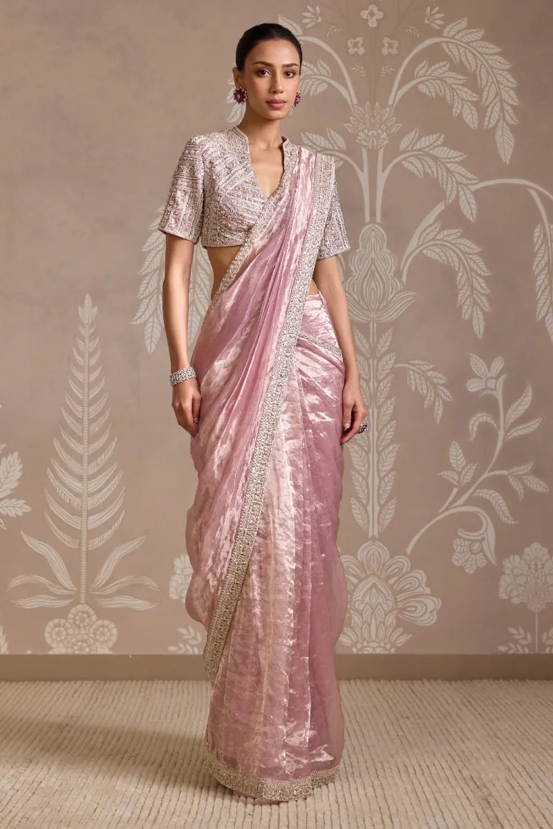blush tissue cocktail saree full look embroidered blouse Hammad Bespoke Official