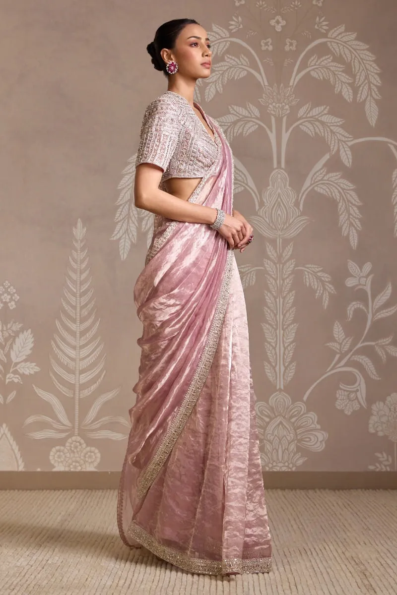 blush tissue saree side drape silver embroidered border cocktail saree Hammad Bespoke Official