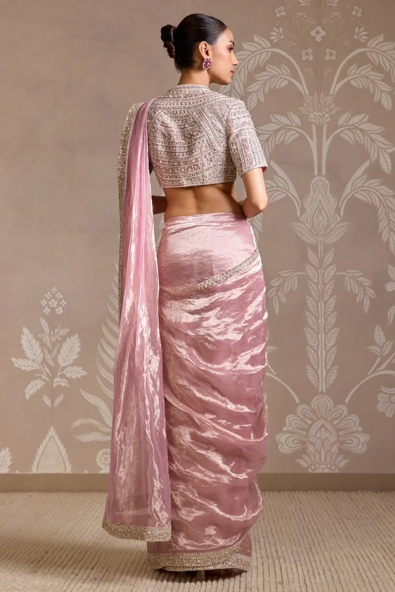 embroidered blouse back blush tissue cocktail saree Hammad Bespoke Official Multan atelier