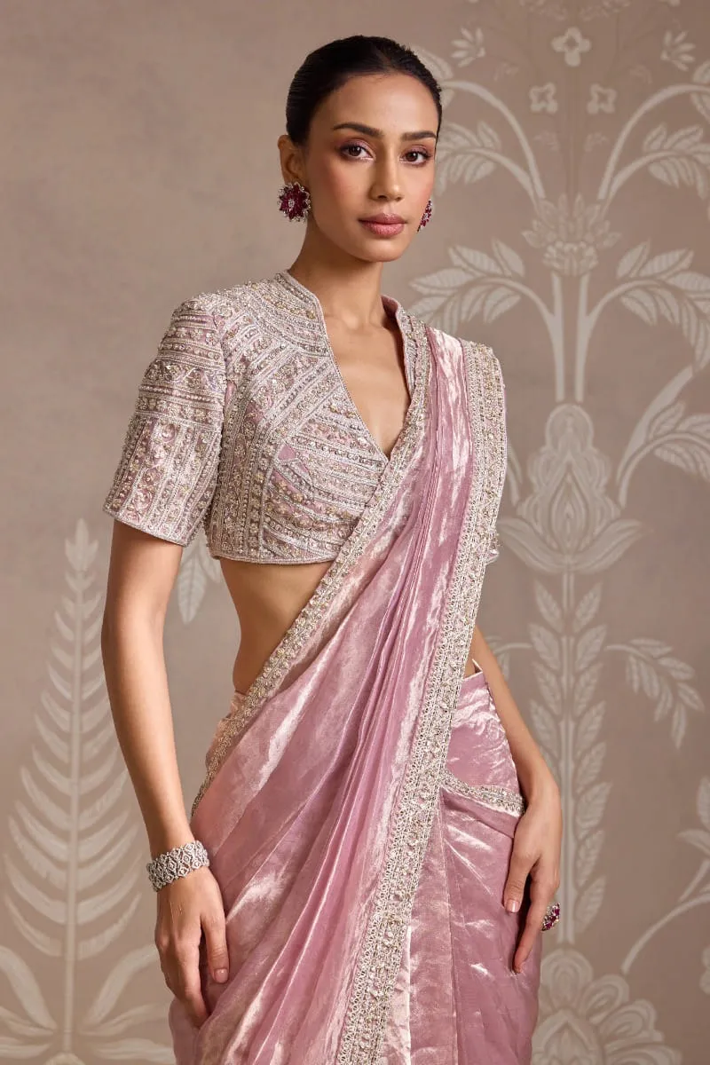 cocktail saree blush tissue hand-embroidered border embellished blouse Hammad Bespoke Official