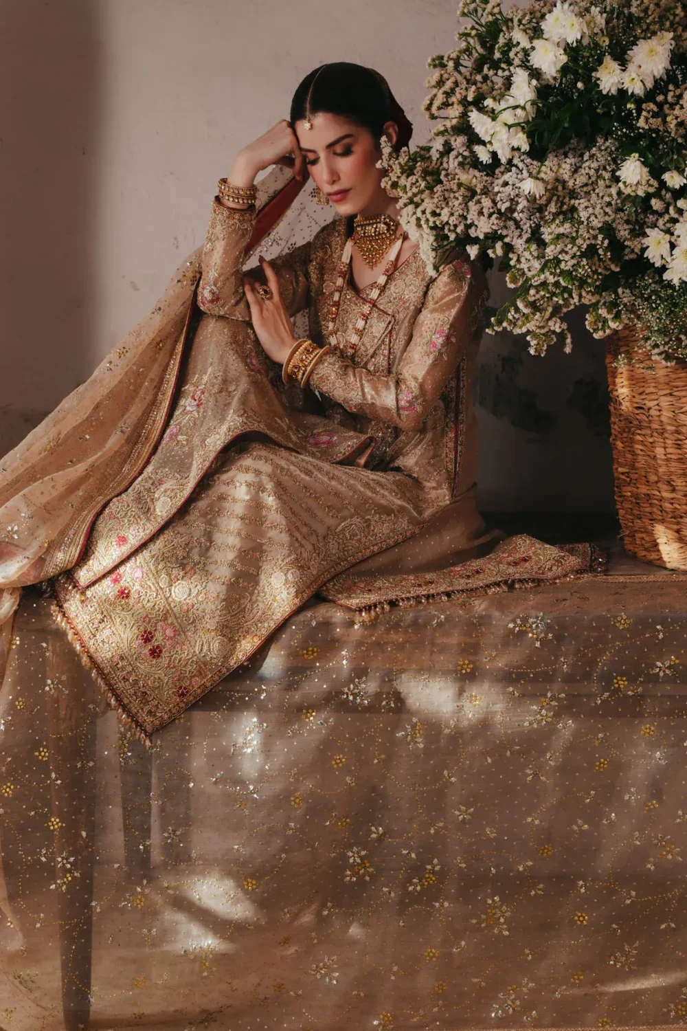 Sequin scatter and mukaish embellishment detail on angrakha suit dupatta drape - Hammad Bespoke Official