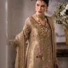 Styled portrait of gold organza angrakha suit with bridal jewelry - Hammad Bespoke Official
