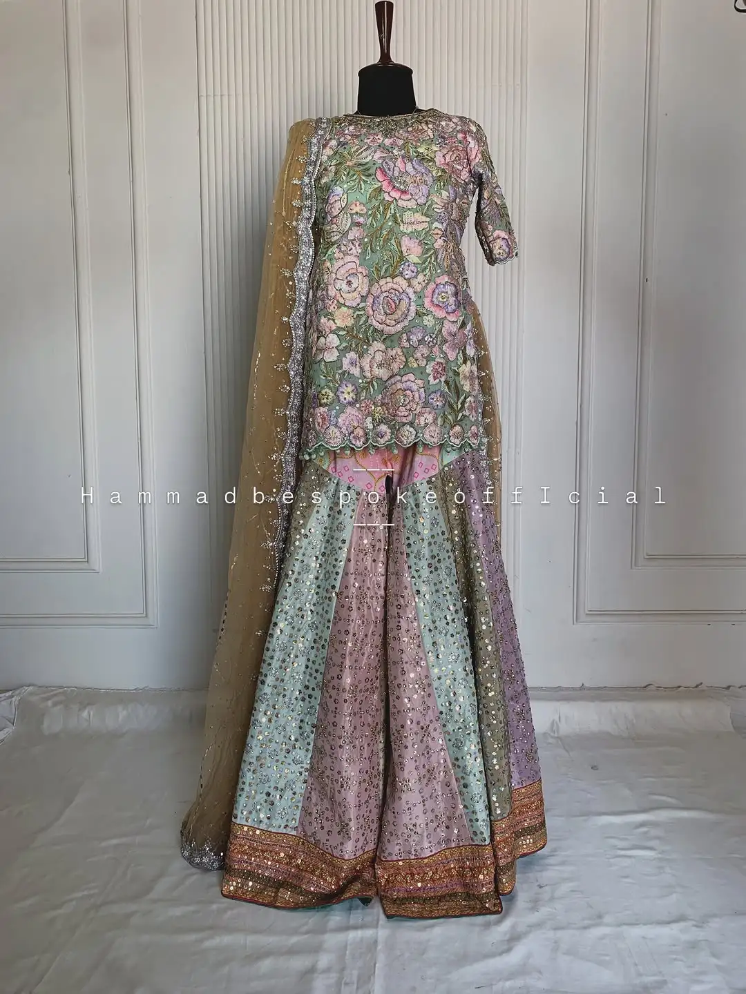Pakistani suits — hand-embroidered floral kurta and sharara with dense sequin and Sitara work by Hammad Bespoke Official